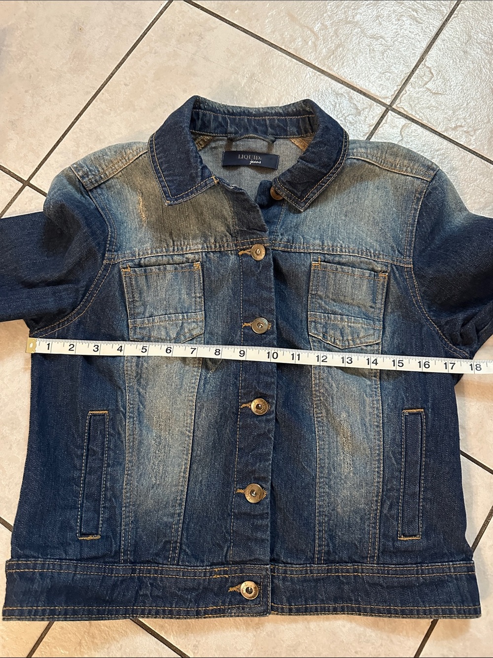 LIQUID JEANS Retro Classic Women's Distressed Denim Jacket Sz M Cool Fem Chic - Picture 11 of 13